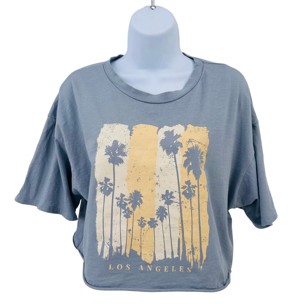 Miroh Tee WMNS L Blue Gray Palm Tree Los Angeles Graphic Boxy Casual Crop Top